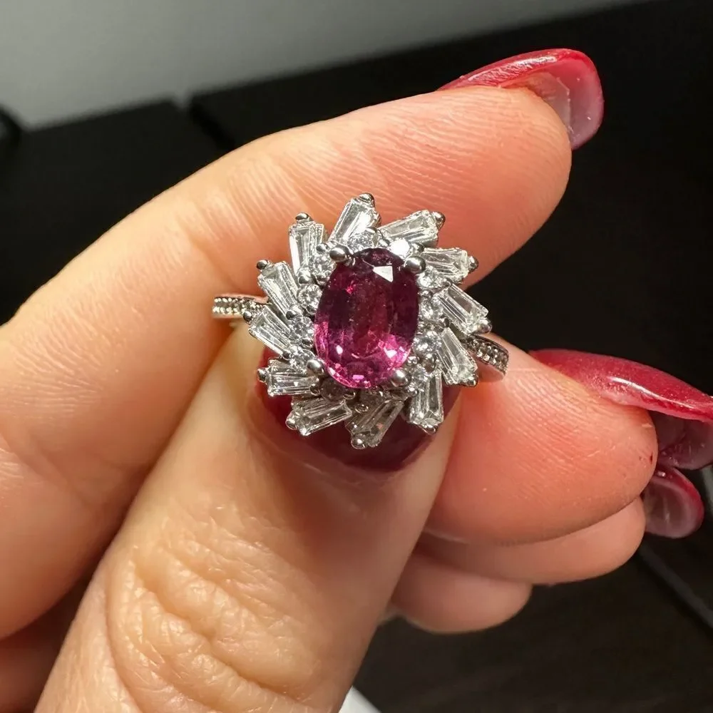 Genuine 1ct‎ rhodalite garnet, CZ diamonds all set in solid .925 ring!